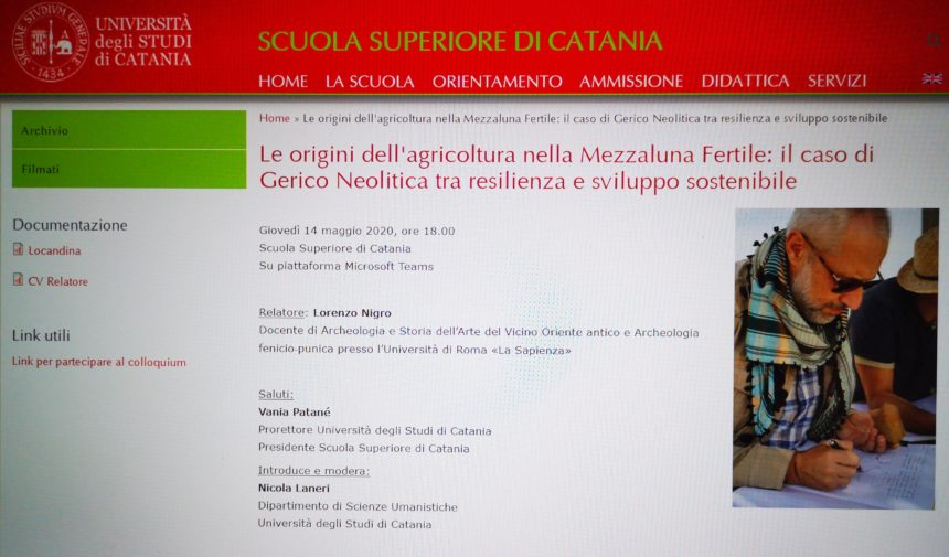 Oggi all’ Università di Catania “Le origini dell’agricoltura nella Mezzaluna Fertile:il caso di Gerico Neolitica tra resilienza e sviluppo sostenibile”
