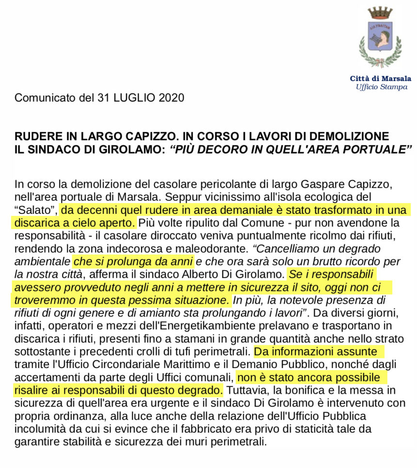Ancora sulla discarica di Largo Capizzo: la maldestrezza di un comunicato stampa che confessa l’inerzia di una Amministrazione Comunale
