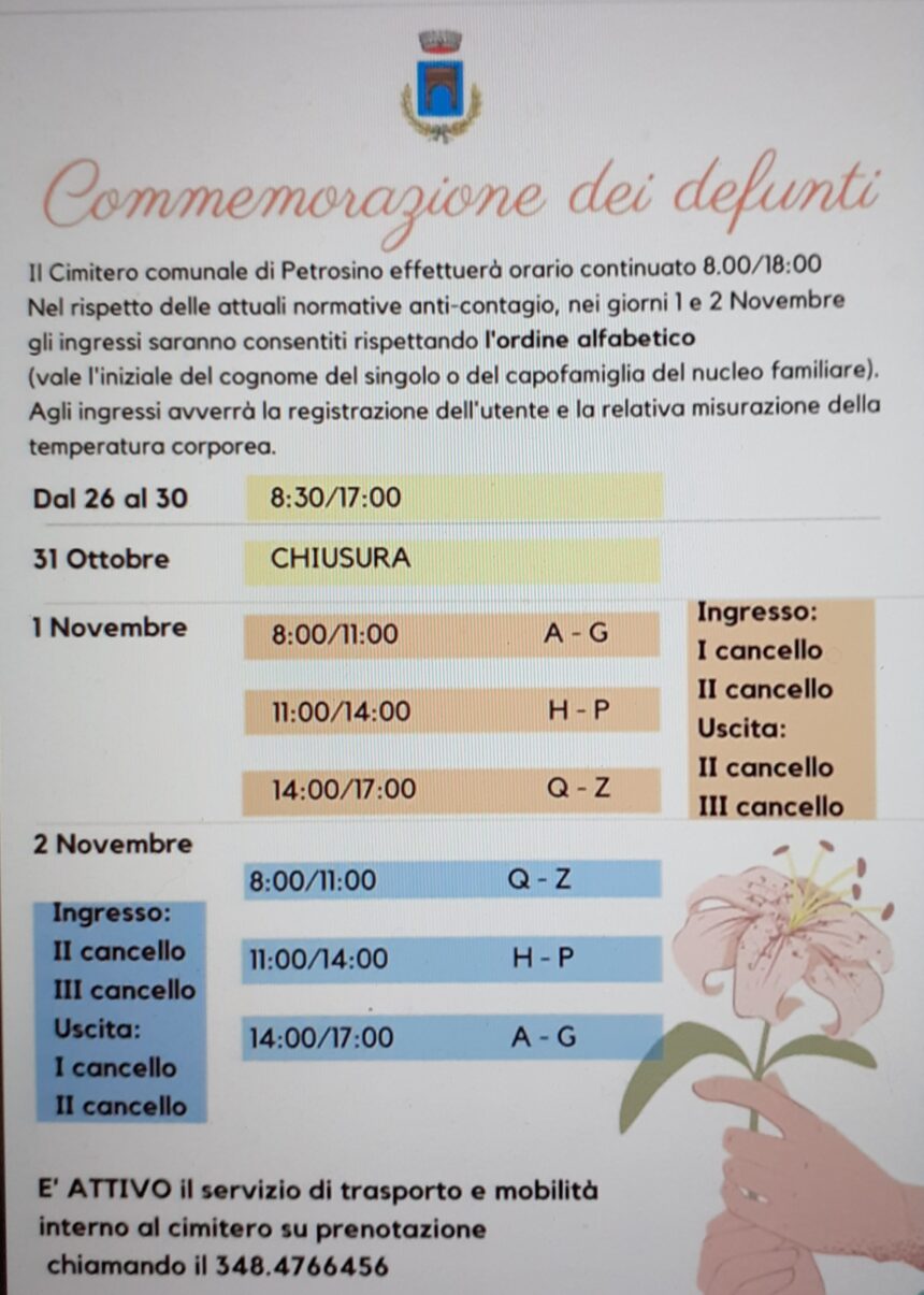 1-2 novembre commemorazione dei defunti a Petrosino nel rispetto delle normative anticontagio covid