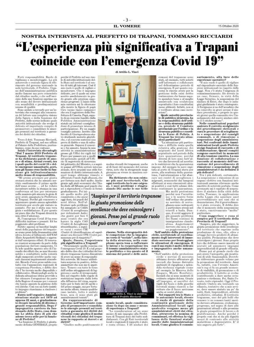 Nostra intervista al Prefetto di Trapani, Tommaso Ricciardi: ” L’esperienza più significativa coincide con l’emergenza Covid”. E’ sul nuovo numero del Vomere