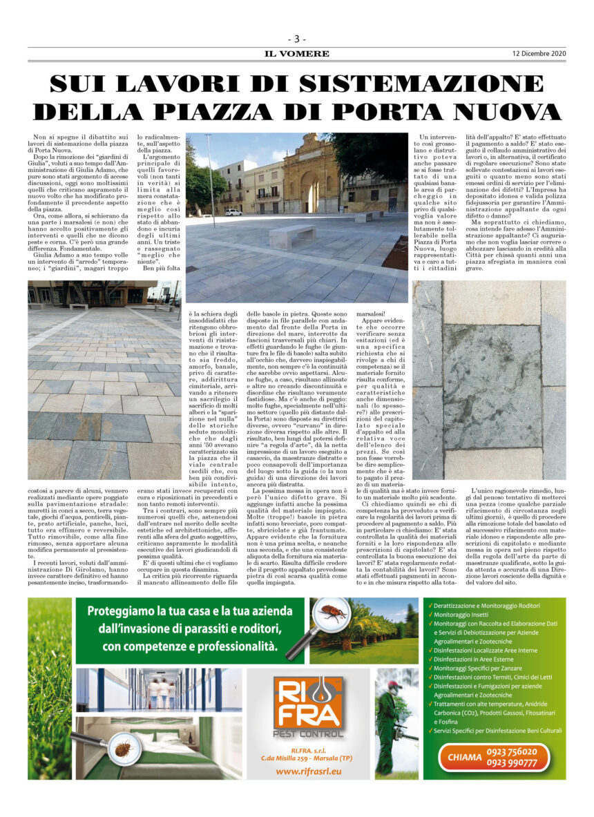 Sull’ultimo numero del Vomere si parla dei lavori di sistemazione della Piazza di Porta Nuova