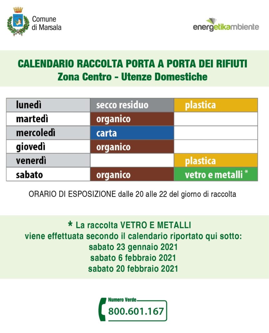 Marsala, nuove date raccolta vetro,metalli nei mesi di gennaio e febbraio 2021. Ecco il calendario di EnergetikAmbiente