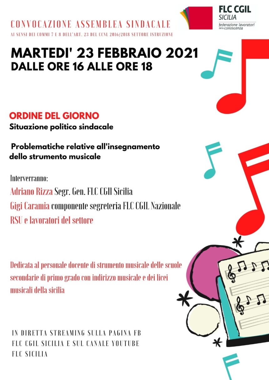 Scuola, Flc,Cgil Sicilia, assemblea sull’insegnamento musicale