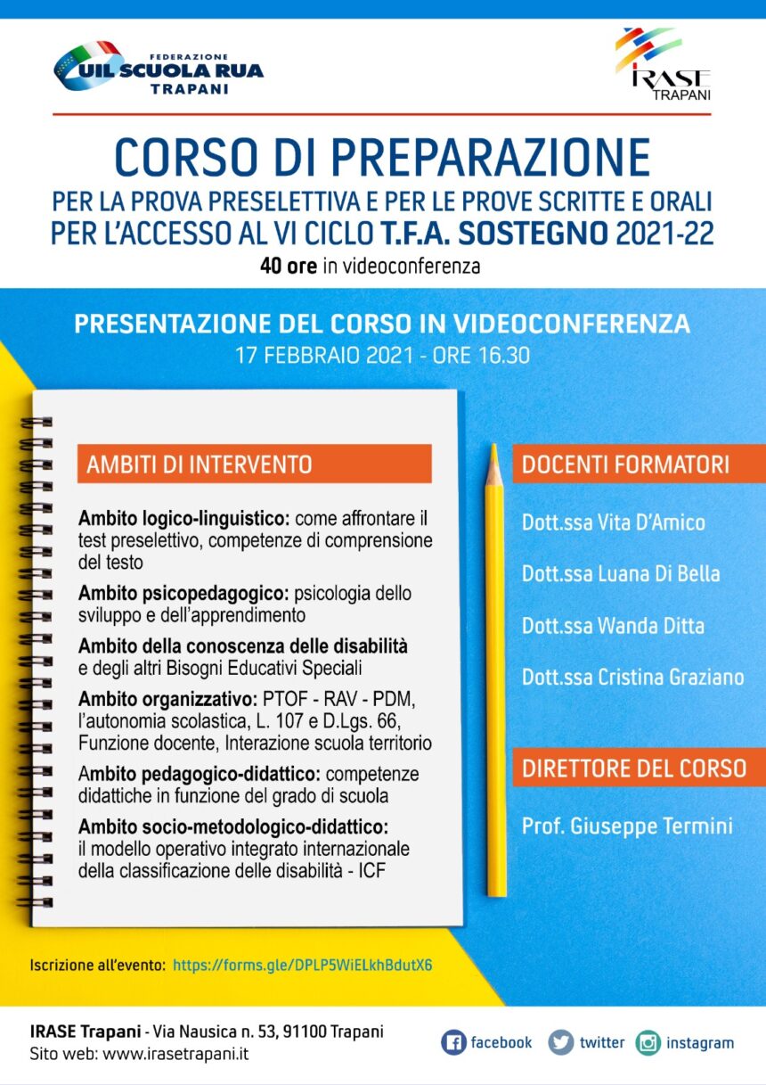 Corso di preparazione al TFA Sostegno 2021-2022. Mercoledì 17 febbraio incontro formativo Uil Scuola e Irase Trapani