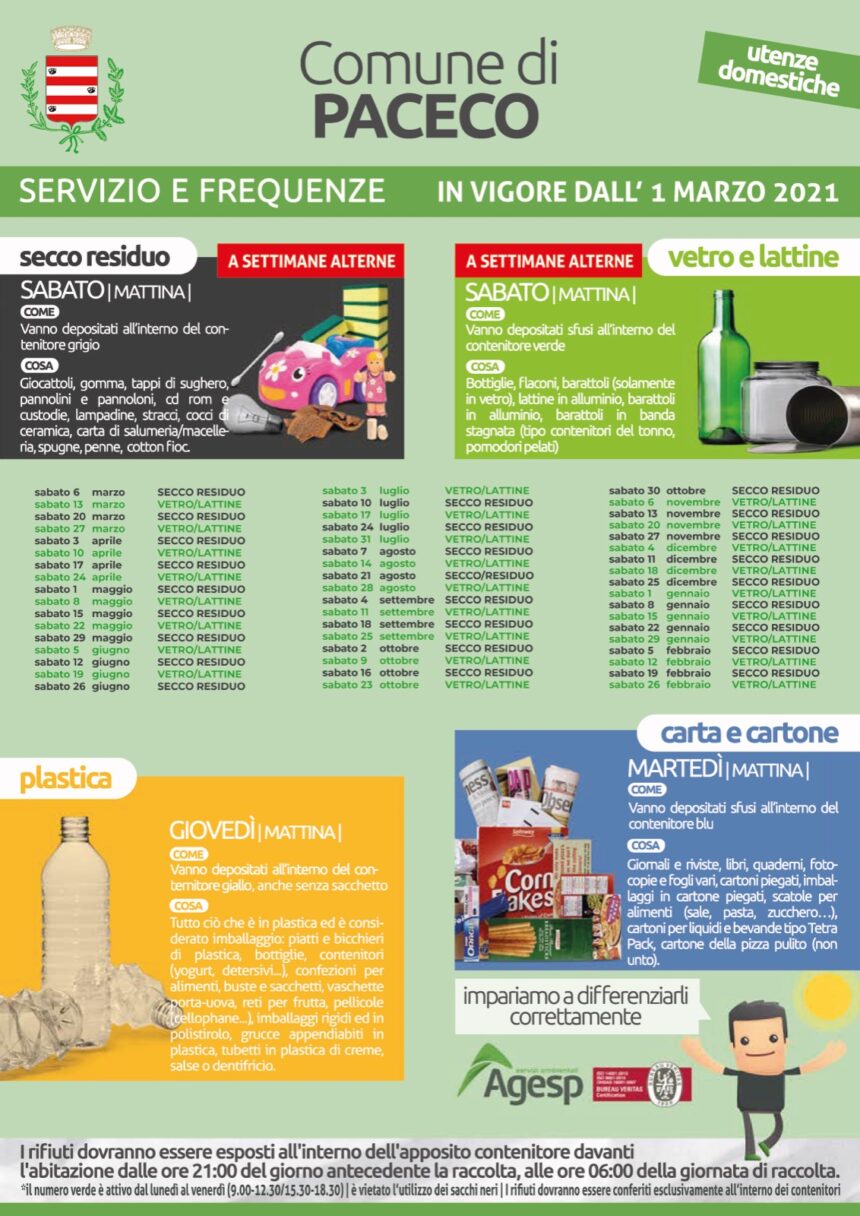 Paceco, nuovo calendario dei servizi di raccolta differenziata
