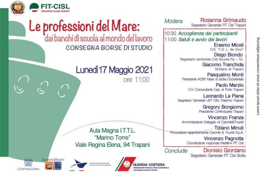 Marittimi, consegna delle borse di studio ai diplomati dell’ITST Marino La Torre di Trapani da parte della Fit Cisl e della Caronte & Tourist