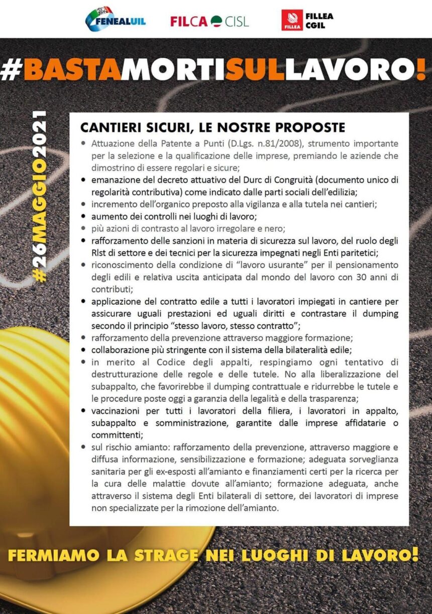 Domani 26 maggio i sindacati degli edili in piazza con un flash mob per dire “Basta morti sul lavoro”