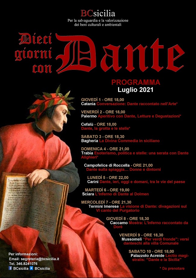 Dieci giorni con Dante: iniziativa di BCsicilia per celebrare i 700 anni della morte del grande poeta.Da Catania a Palermo, da Palazzolo Acreide a Mussomeli, dal 1 al 10 luglio 2021 tanti appuntamenti