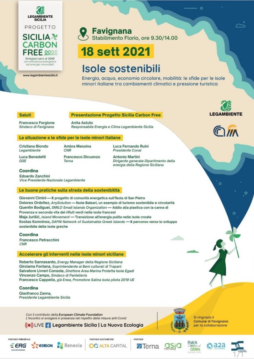 Progetto “Sicilia Carbon Free”, domani, 18 settembre, presso l’ex Stabilimento Florio di Favignana,  presentazione del Rapporto 2021 “Isole sostenibili”,  realizzato da Legambiente e dall’Istituto sull’Inquinamento Atmosferico del CNR (CNR-IIA)