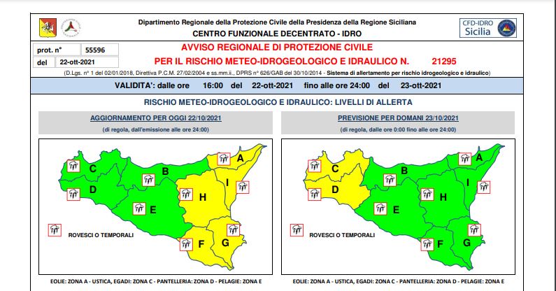 Dipartimento regionale Protezione Sicilia, Livello di allerta Gialla Dipartimento regionale Protezione Sicilia, Livello di allerta Gialla