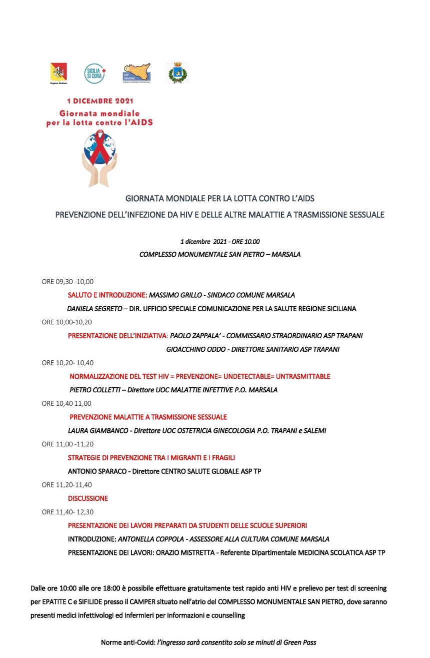 Giornata Mondiale contro l’Aids. L’amministrazione Grillo patrocina l’iniziativa dell’Asp Trapani, in collaborazione con l’Assessorato Regionale alla Salute