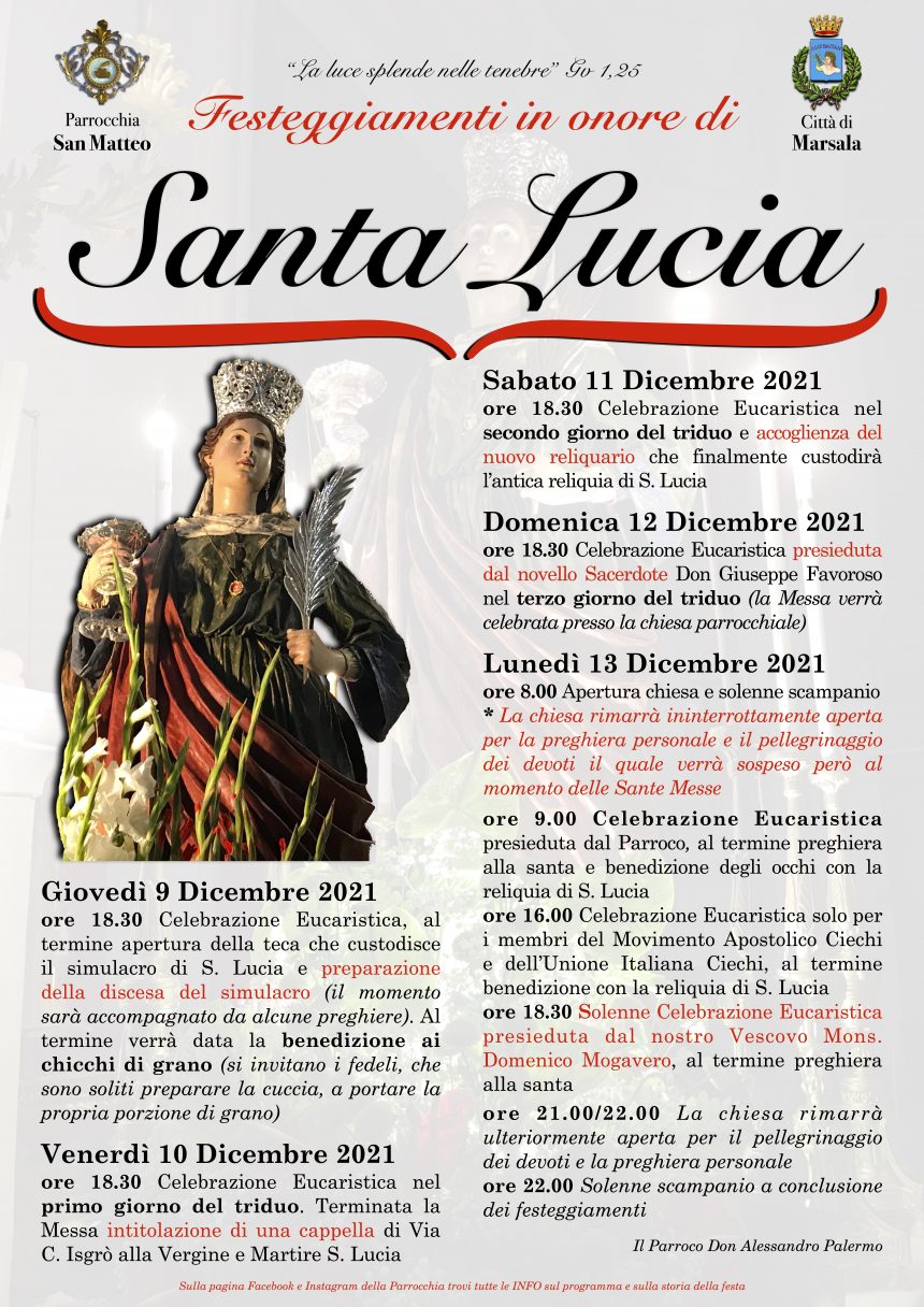 Marsala, dal 9 al 13 dicembre festeggiamenti in onore di  Santa Lucia Chiesa San Matteo