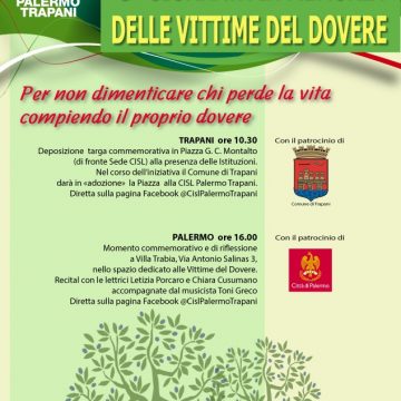 Giornata in memoria delle Vittime del Dovere: la Cisl adotta piazza Ciaccio Montalto dove sarà sistemata una targa dedicata a chi ha perso la vita svolgendo il proprio lavoro