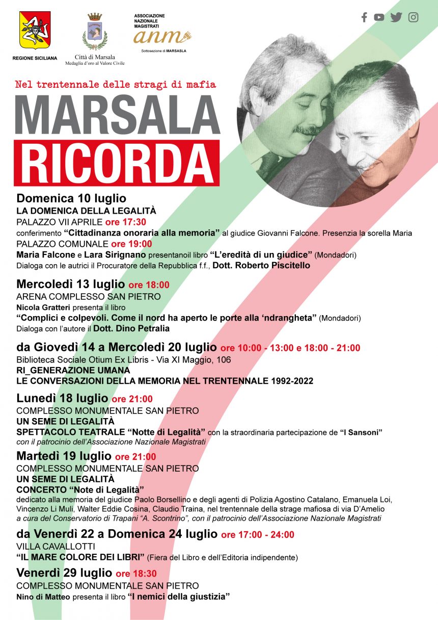 “Marsala ricorda”. Domenica, al giudice Giovanni Falcone la cittadinanza onoraria alla memoria. Gli altri appuntamenti nel “trentennale stragi di mafia”