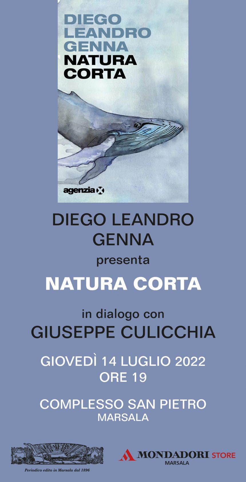 Marsala, presentazione del libro “Natura corta” di Diego Leandro Genna giovedì 14 luglio Complesso Monumentale S. Pietro. L’autore in dialogo  con Giuseppe Culicchia