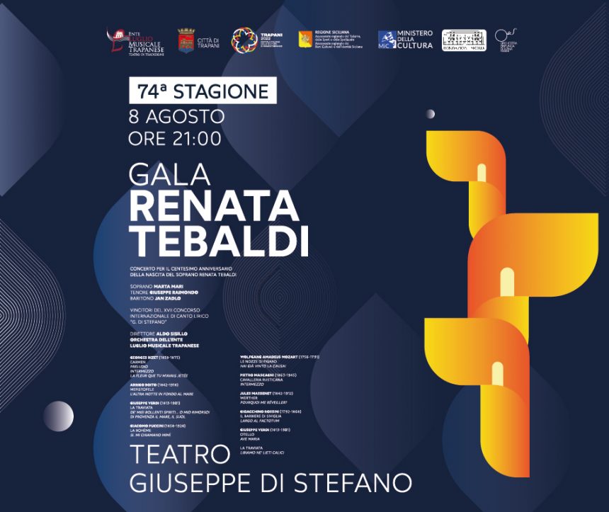 Luglio Musicale Trapanese, un Gala lirico dedicato a Renata Tebaldi, una delle più grandi cantanti liriche del Novecento. Domani 8 agosto alle ore 21