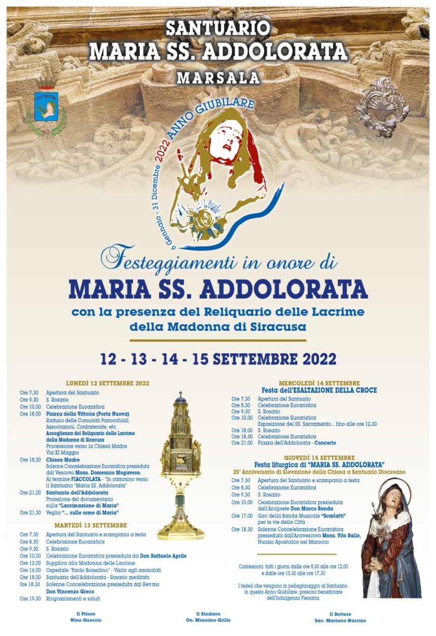 Dal 12 settembre festeggiamenti in onore di Maria SS. Addolorata, a Marsala il reliquiario delle lacrime della Madonna di Siracusa Dal 12 settembre festeggiamenti in onore di Maria SS. Addolorata, a Marsala il reliquiario delle lacrime della Madonna di Siracusa