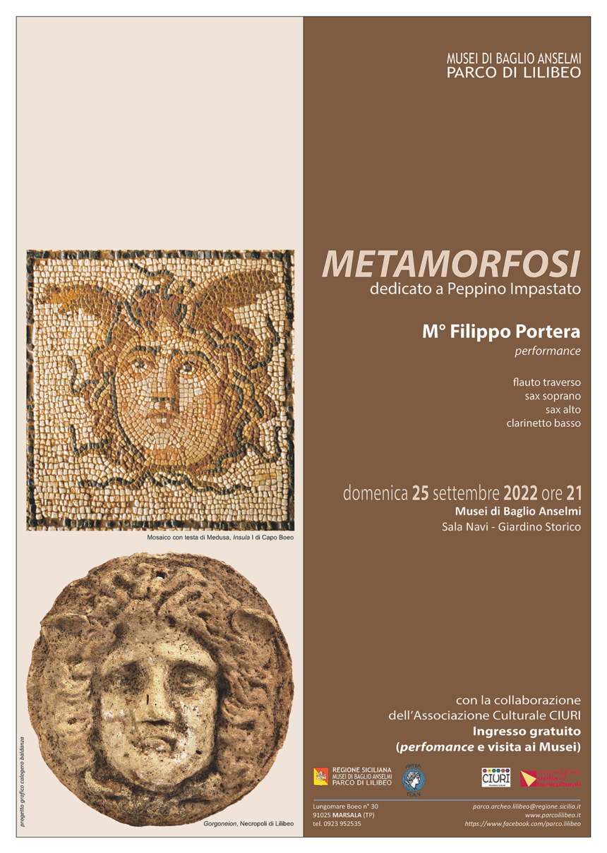 Dedicato a Peppino Impastato Performance di Musica e parole “Metamorfosi” del M° Filippo Portera. Domenica 25 settembre, Giardino Storico dei Musei di Baglio Anselmi – Parco di Lilibeo – Marsala