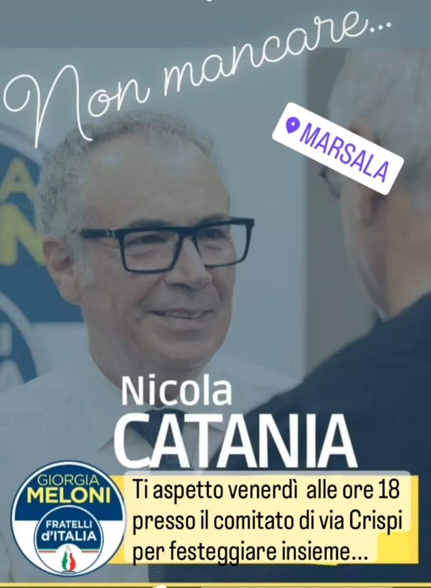 Il neo deputato regionale Nicola Catania (FdI) ringrazierà gli elettori a Marsala venerdì 28 settembre alle ore 18 presso il comitato di Via Crispi