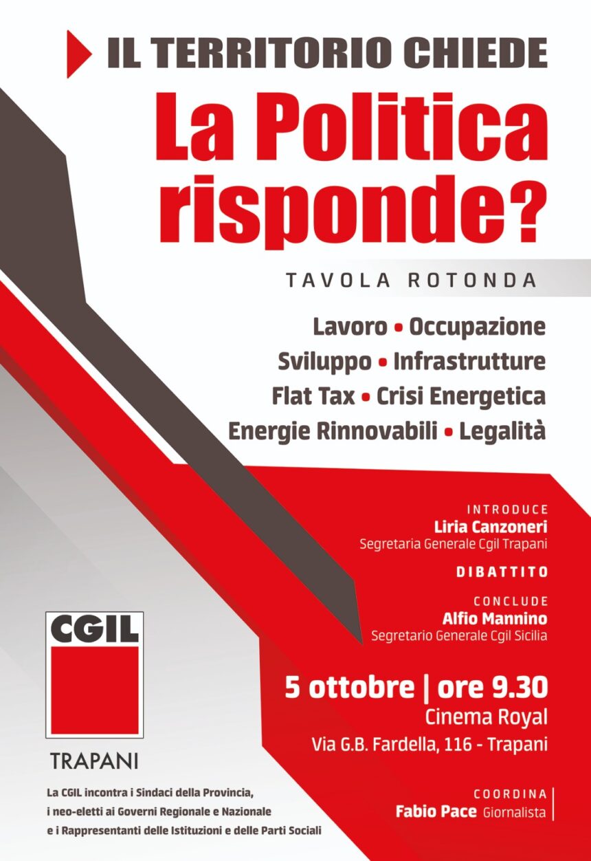 Domano 5 ottobre la Cgil incontrerà i sindaci del territorio, la deputazione regionali neo eletta e i rappresentanti delle istituzioni e delle parti sociali