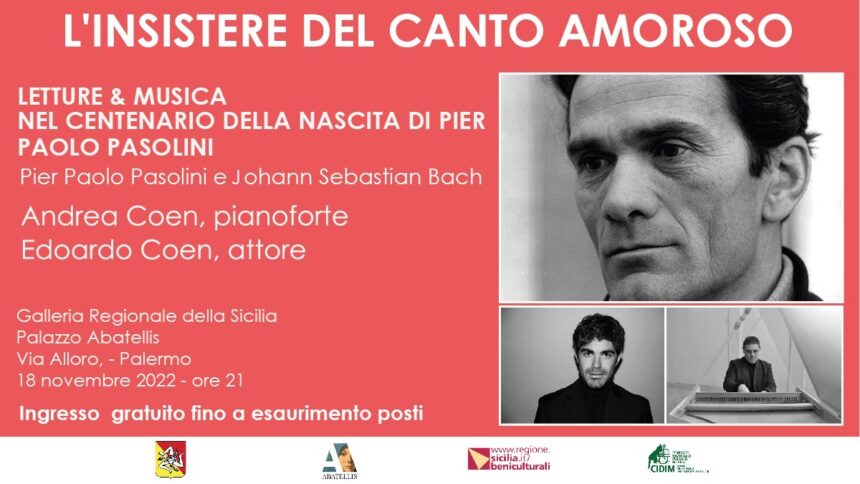 Cultura, centenario di Pasolini: venerdì 18 novembre a Palazzo Abatellis letture e musiche con il duo Coen