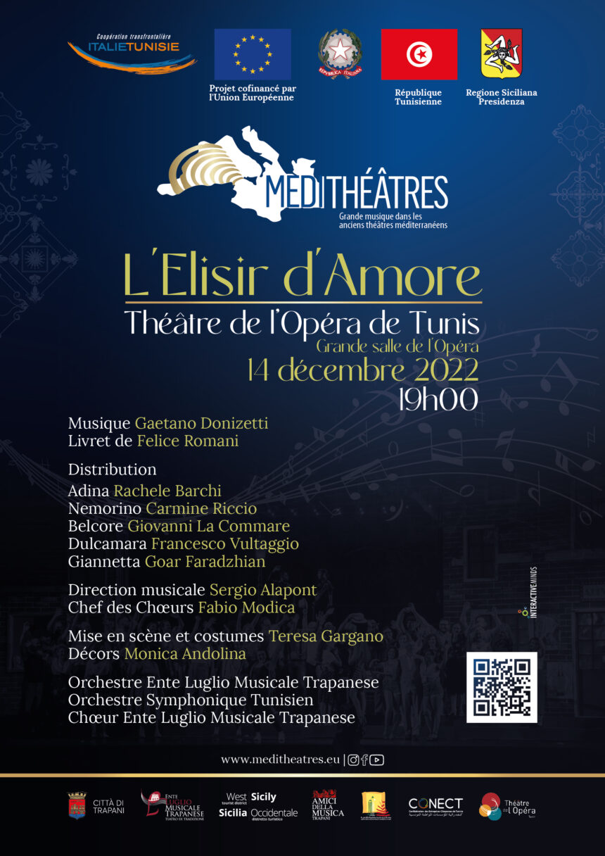 “L’Elisir d’Amore” di Gaetano Donizetti sbarca in Tunisia nell’ambito del progetto “Médithéâtres – Grande musique dans les anciens théâtres méditerranéens”, il 14 dicembre, in scena al Théâtre de l’Opéra de Tunis