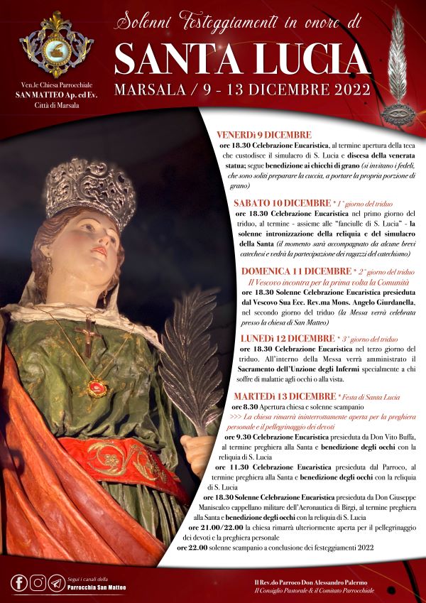 Programma Festa Santa Lucia 2022 dal 9 al 13 dicembre nella Chiesa di San Matteo a Marsala