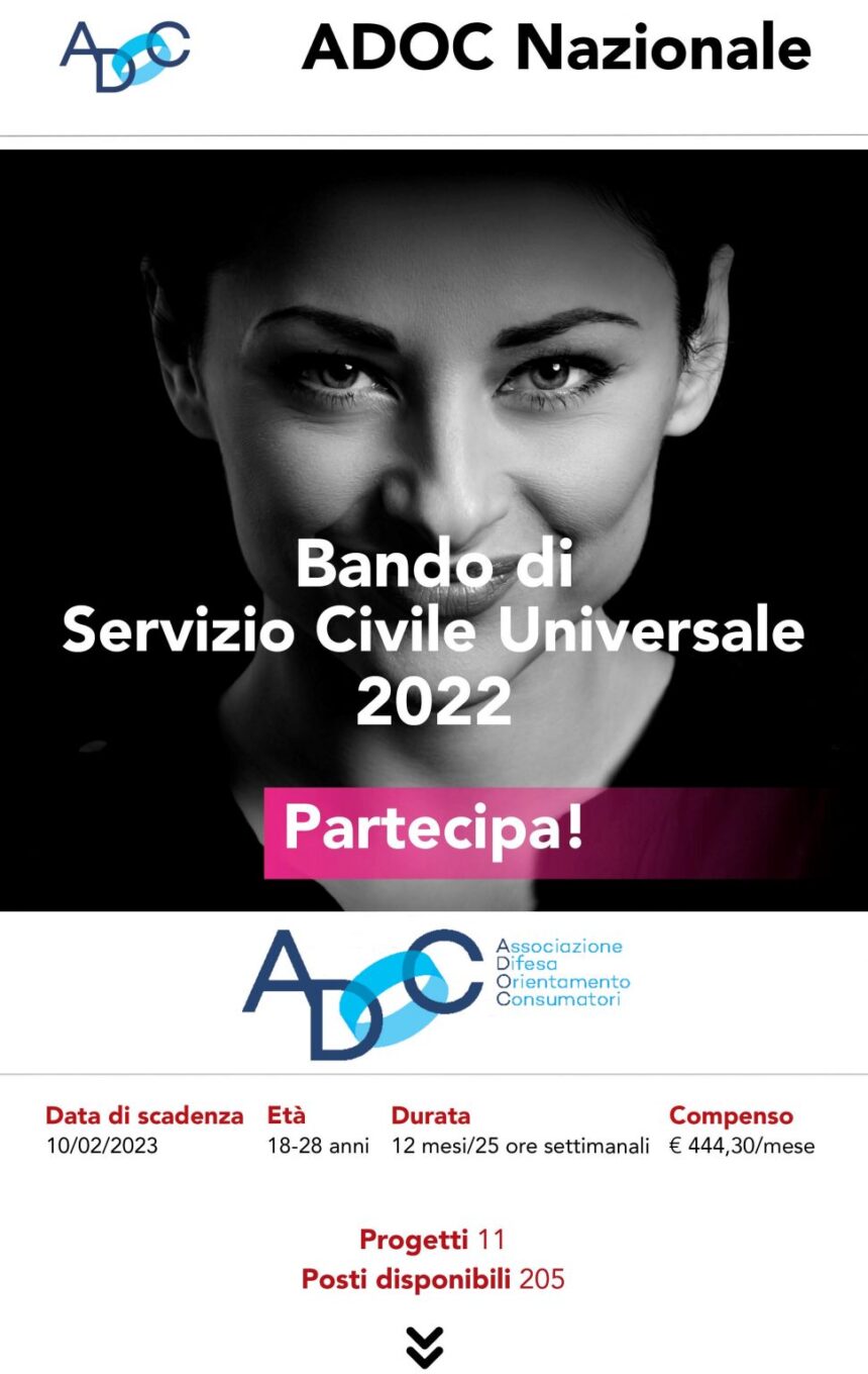 Servizio civile Adoc. Pubblicato bando per dieci posti anche in provincia di Trapani. Domande online entro il prossimo 10 febbraio  