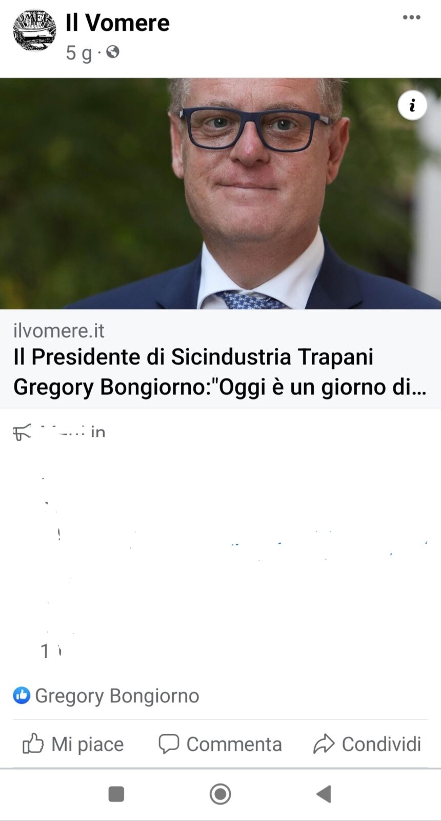 AdDio Gregory Bongiorno. Il tuo ultimo like sabato sera  sulla pagina web del Vomere che riporta l’arresto di Messina Denaro