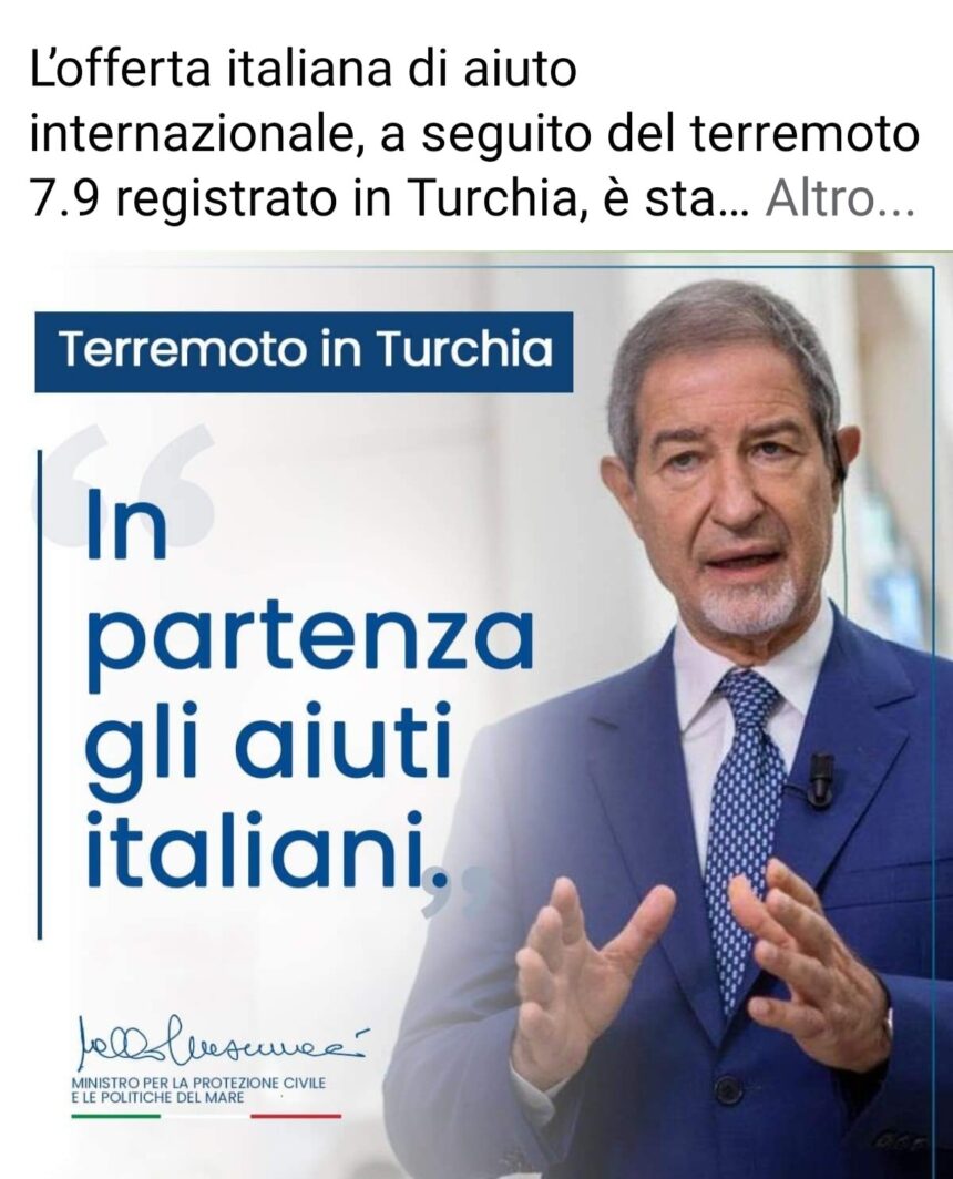 Il ministro Musumeci:” In partenza gli aiuti italiani per la Turkia”