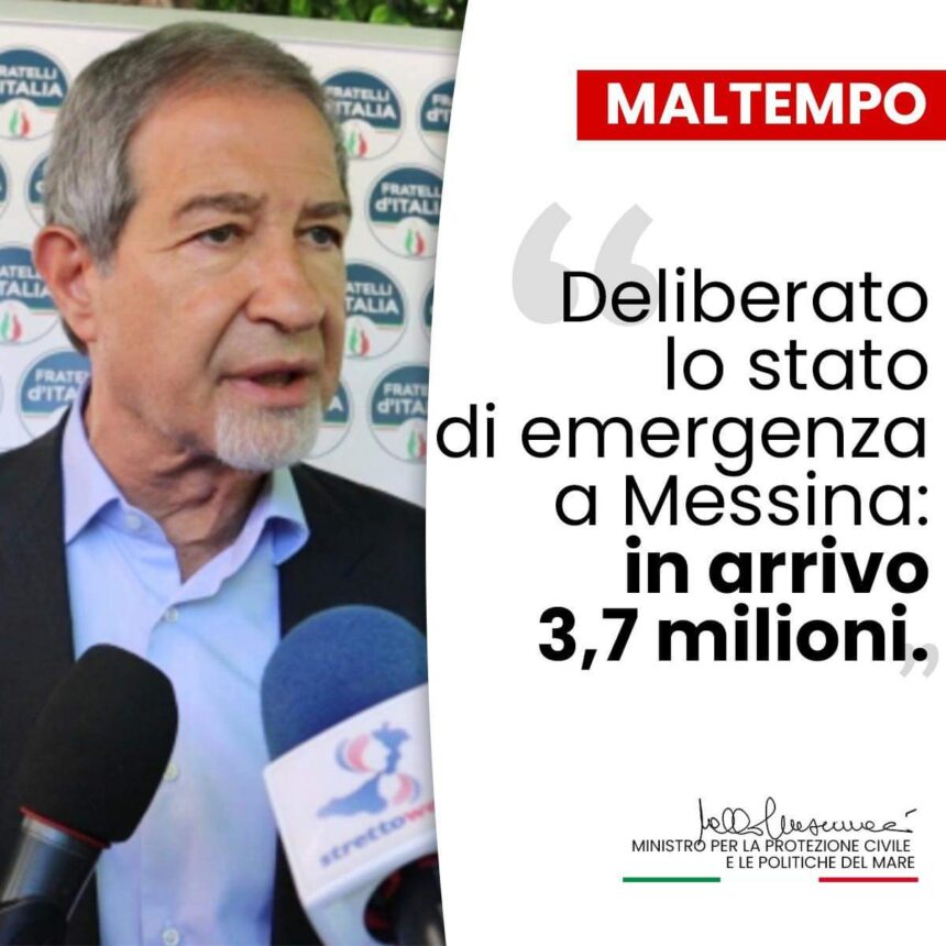Maltempo, su proposta del ministro Musumeci deliberato lo stato di mergenza a Messina. In arrivo 3,7 milioni