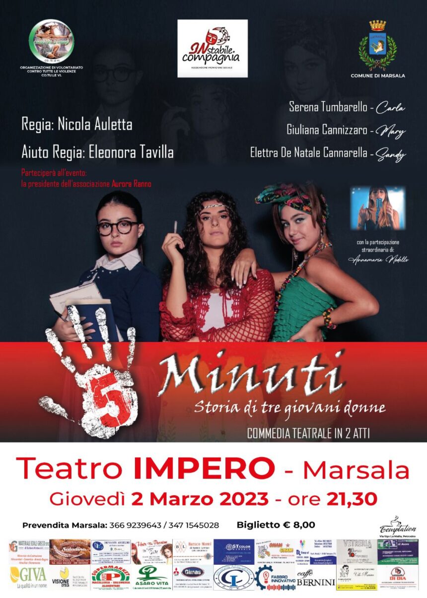 5 minuti, storia di tre giovani donne al Teatro Impero a Marsala il 2 marzo alle ore 21,30