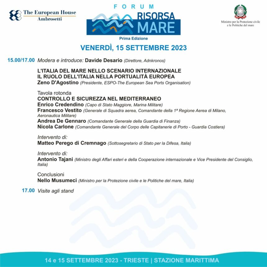 Oggi 15 settembre si conclude il primo interessante Forum “Risorsa mare” due giornate di incontri e riflessioni  volute da Nello Musumeci Ministro della Protezione civile e delle Politiche del Mare in collaborazione con The European House Ambrosetti