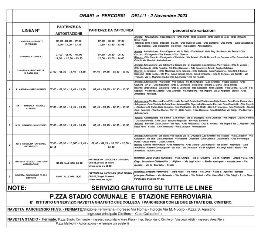 1 e 2 Novembre a Marsala. Bus navetta e linee urbane gratuite in entrambe le ricorrenze
