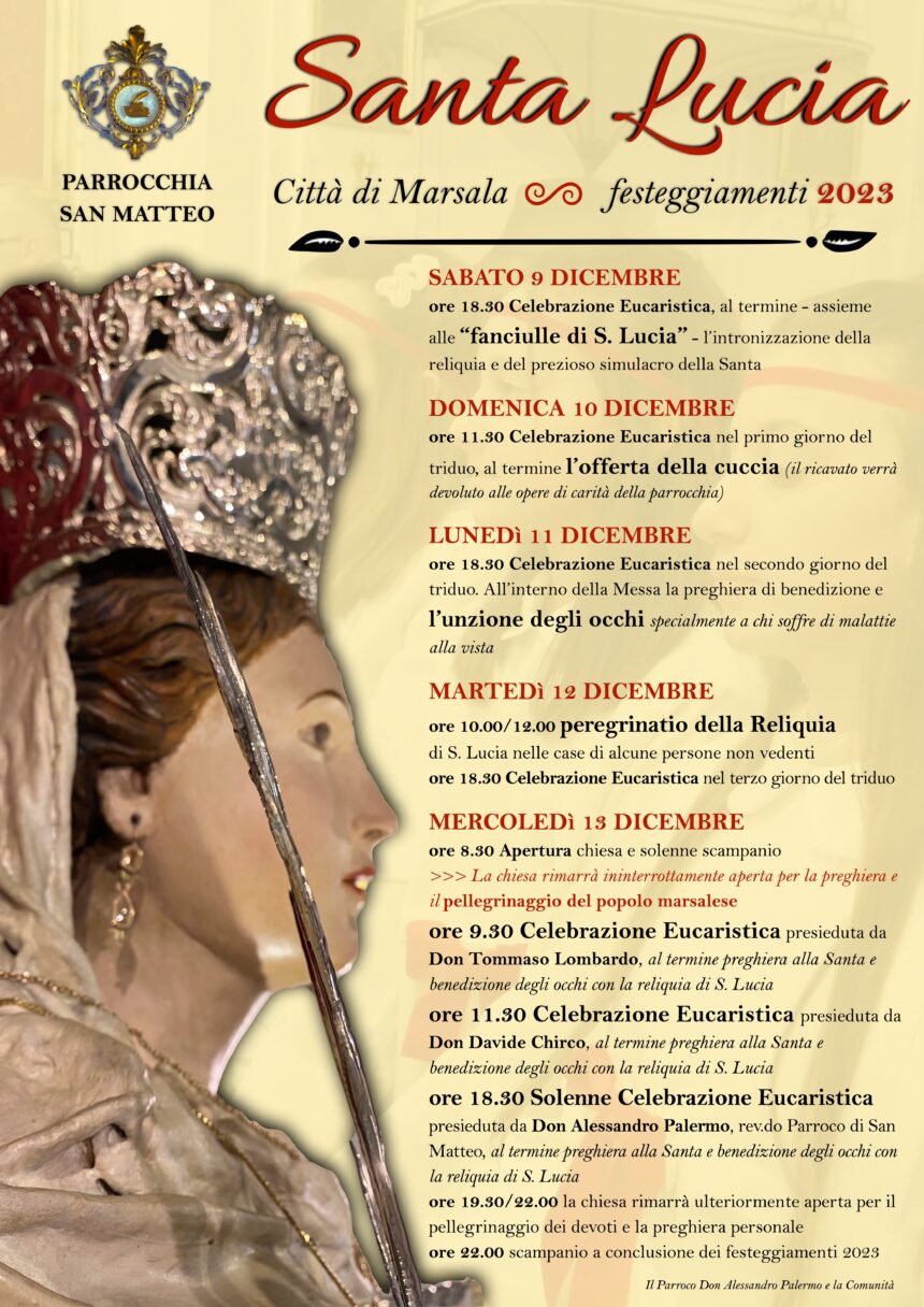Dal 9 al 13 dicembre festeggiamenti in onore di Santa Lucia nella chiesa di San Matteo a Marsala